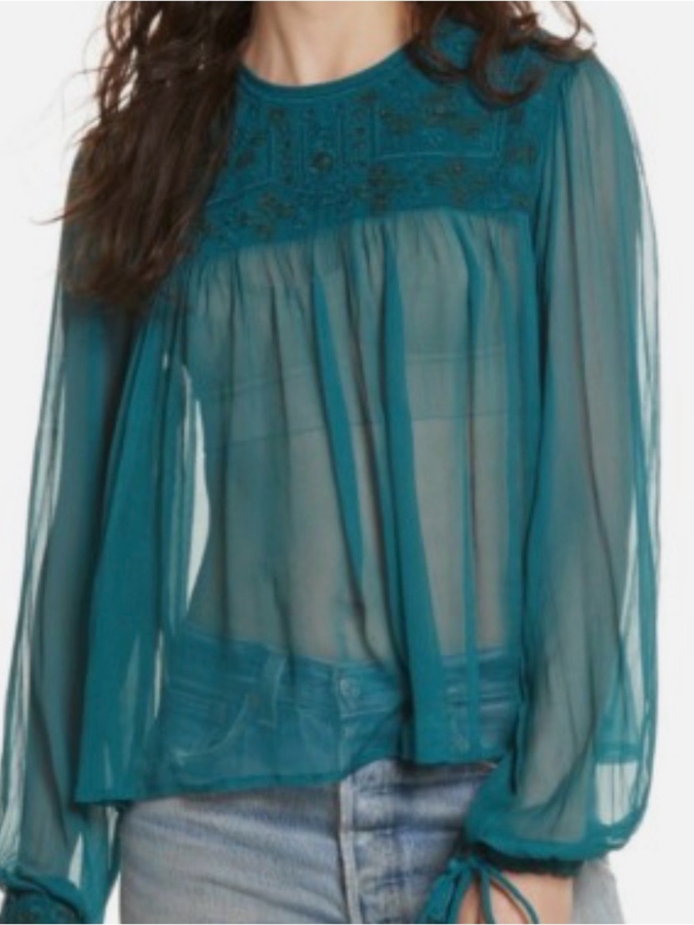 Free People NWT Teal Embroidered Beaded Sheer Peasant Boho Top